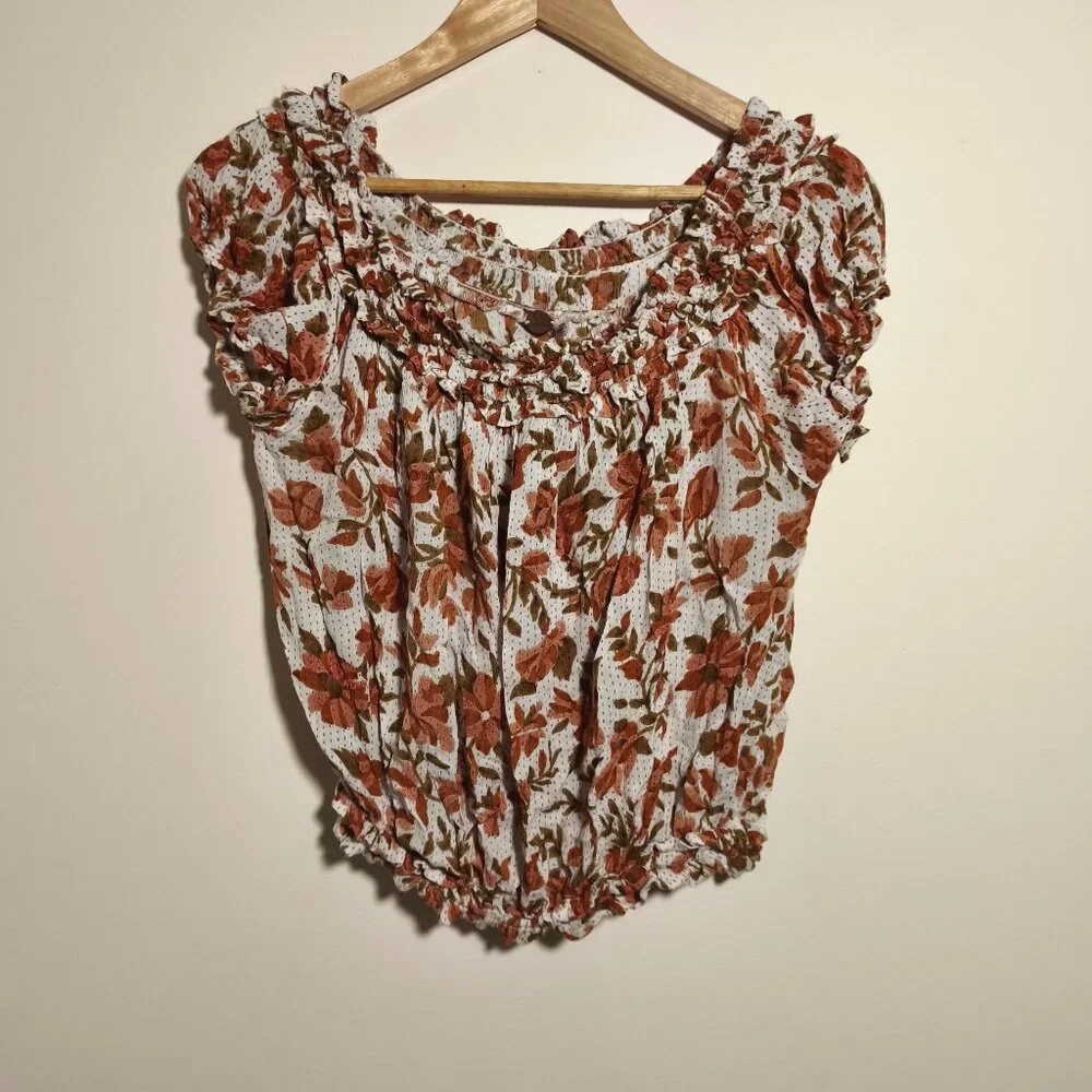 Free People One Suki Off Shoulder Floral Crop Blouse sz M Orange Ivory Festival